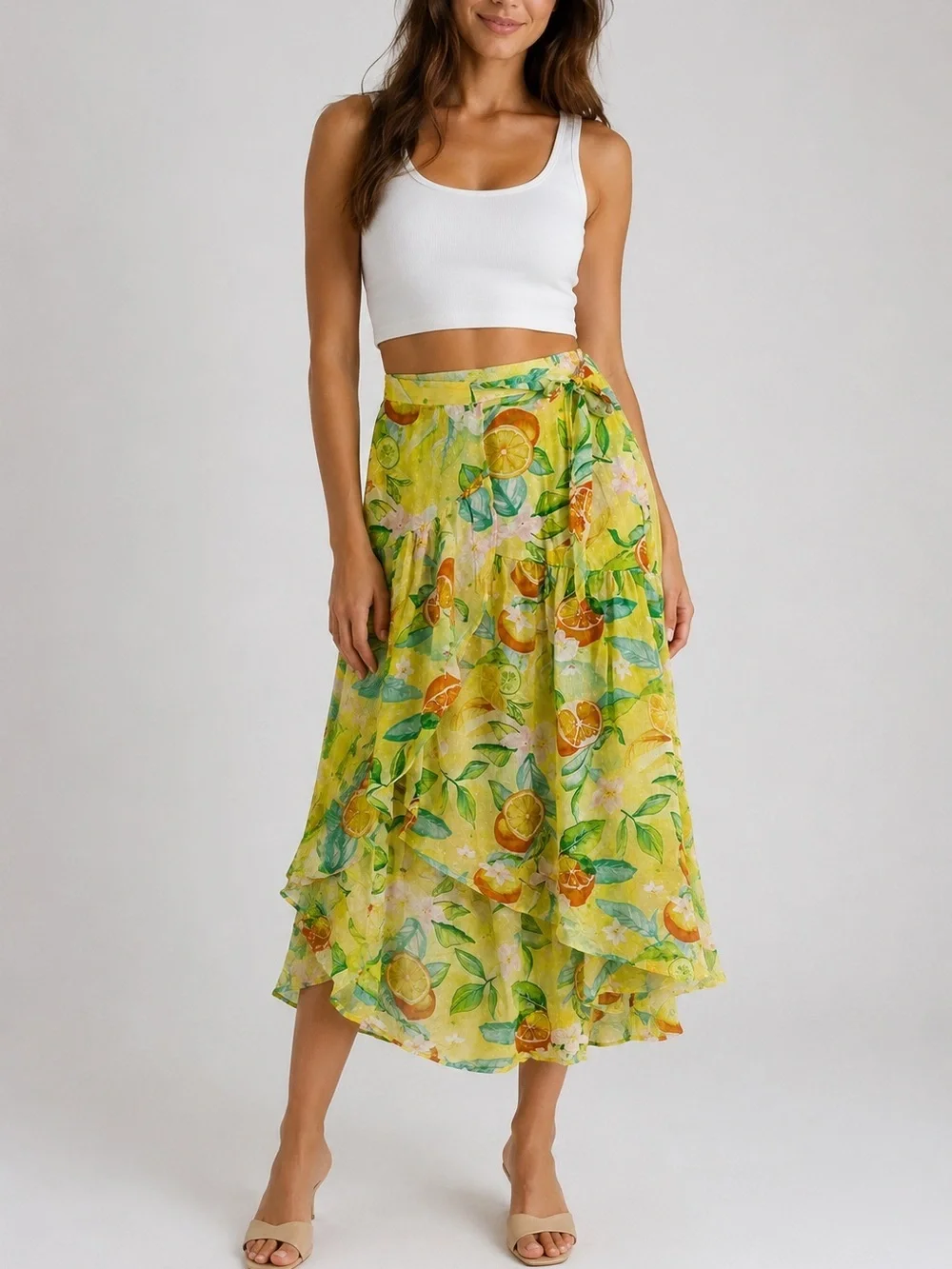 C&C California Lemon Print Wrap Skirt True Tie & Button Closure Size XS